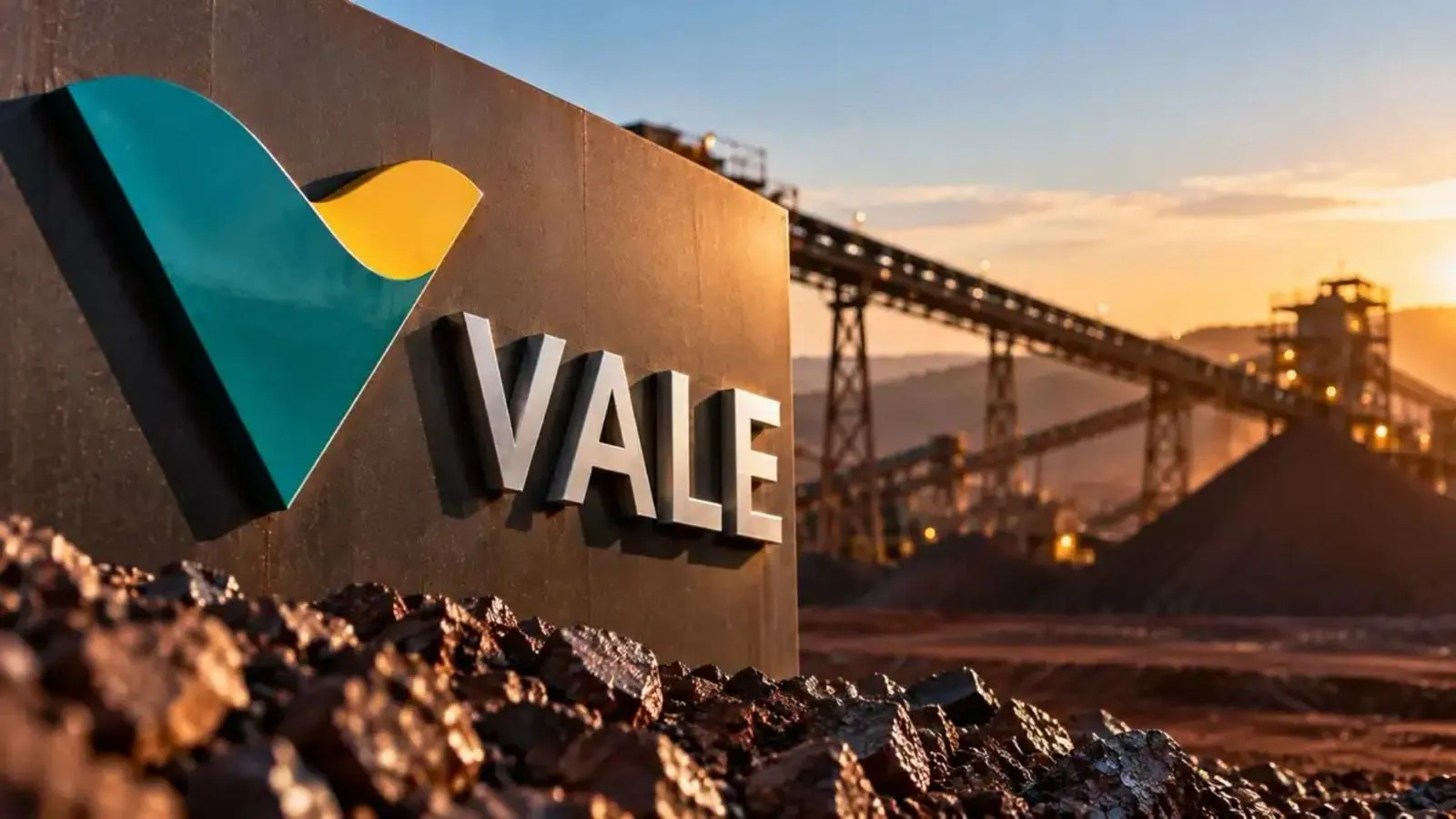 Placa com o logotipo da Vale diante de correias transportadoras e pilhas de minério ao pôr do sol